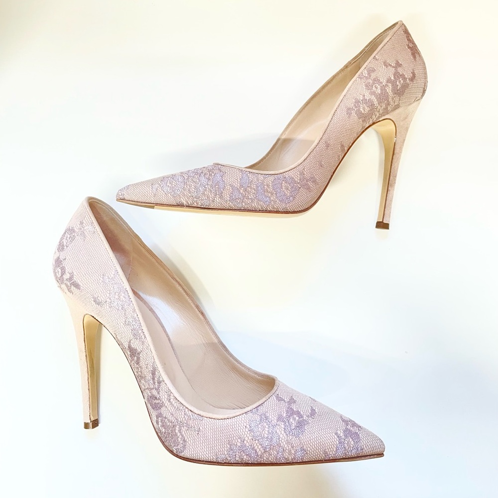 MaxMara Nude Suede Floral Lace Point Stilettos